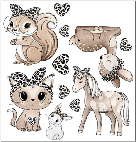 Bügelbilder Set für Textilien DIN A4 Kinder Mädchen Jungen Dino Einhorn Waldtiere Aufbügelbild zum aufbügeln verschiedene Designs Aufbügler Transferbilder (22 - Tiere mit Leo Haarband)