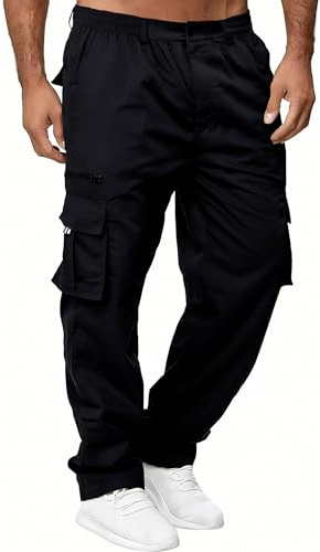 Volemo Cargohose Herren Baumwolle Abriebfeste 6-Taschen Cargo Hose Elastische Taille Lange Freizeithose Schwarz M