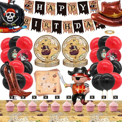 DXLing 81 Stück Piraten Geburtstag Deko Set Partyzubehörset Piraten Deko Kindergeburtstag mit Große Piratenschiff Folienballon Pappteller Servietten Banner Luftballon Kuchenfähnchen Skelett - 20 Gäste