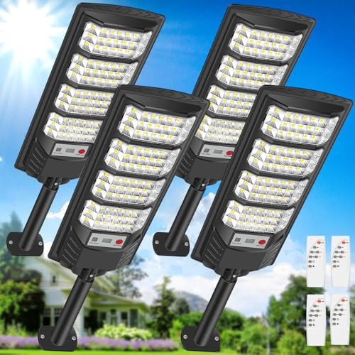 PEAKRO 600W Lampione Solare LED Esterno, 6500K Lampioni da Giardino IP66 Impermeabile con Pannello Solare, Sensore di Movimento, Faro Stradale Esterno Luce Solari per Garage Strada (4 pezzi)