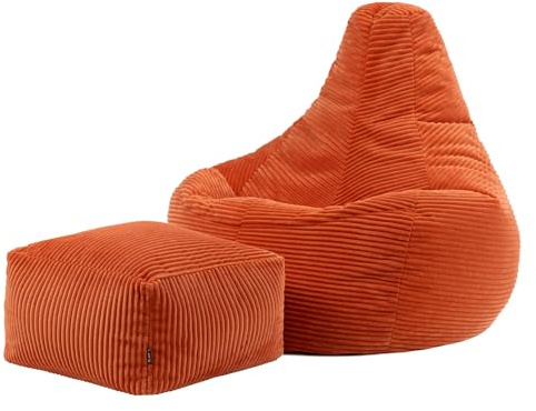 Icon Dalton Sitzsack mit Hocker Cord, Orange, Gaming Sitzsack Erwachsene mit Füllung, Bean Bag, Lounge Sessel, Lounge Stuhl, Schlafzimmer, Wohnzimmer Möbel