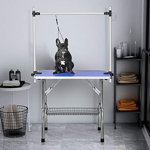90 * 60 * 76 cm Faltbarer Trimmtisch für Hunde, Hundefriseur Zubehör, Frisiertisch mit Verstellbarer Arm, Leine & Netzablage & Gummimatte, Hundepflegetisch Höhenverstellbar(Blau)