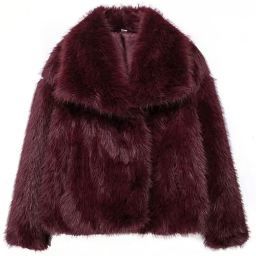 PANOZON Femmes Vestes à revers en fausse fourrure Manteaux d'hiver chauds à manches longues Vêtements d'extérieur moelleux(Rouge,L)