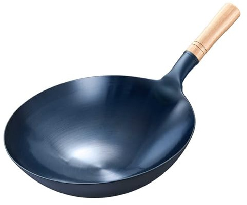 Wokpanna, kinesisk gaskokare, stekpanna, handhamrad kolstål med trähandtag för restaurangkök, camping och hotell (38 cm)