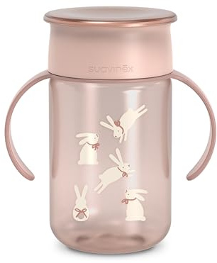 Suavinex, Bicchiere evolutivo per bambini+12 mesi, Tazza evolutiva 360 con sistema anti-goccia, Magic Cup con manici e coperchio, lavabile in lavastoviglie, adatta al microonde, Tazza 340 ml, Rosa