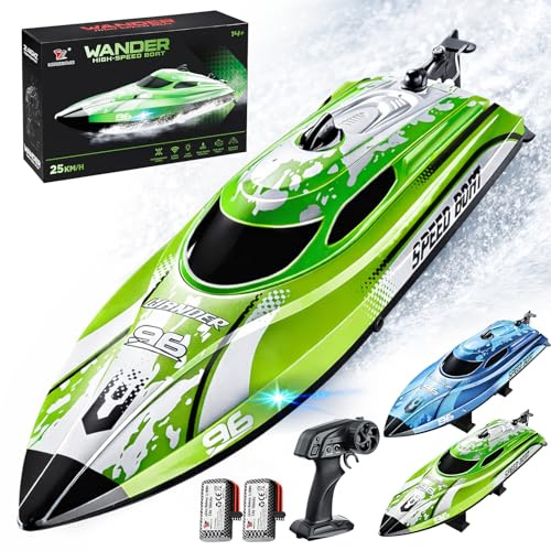 YESHIN RC Boot 25 km/h, 2,4 GHz High Speed Ferngesteuertes Boot - Grün | LED, 2 Batterien, Wasserdicht & Kentersicher, Überdruck Erinnerung, Geeignet für Pool Seen, Geschenk für Kinder & Erwachsene