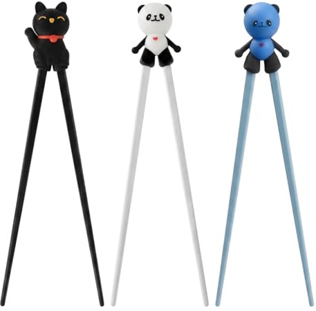 3Pcs Chop Sticks for Beginners, Cat and Panda Design, Black White Blue Silicone Chopsticks, Ergonomic Grip