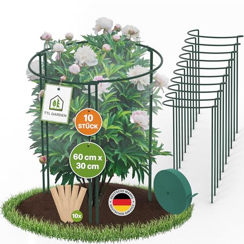 TTL GARDEN Supporti per arbusti, 60 cm x 30 cm, set da 10 pezzi, con e targhette per piante, in acciaio inox rivestito in plastica, supporto per piante, ortensie, peonie, diametro 5 mm, verde