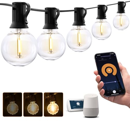 XMCOSY+ Patio Lights, Smart 50Ft Outdoor String Lights with 25 Dimmable G40 Globe Bulbs, APP Control, Work with Alexa, Connectable Waterproof LED Outdoor Light