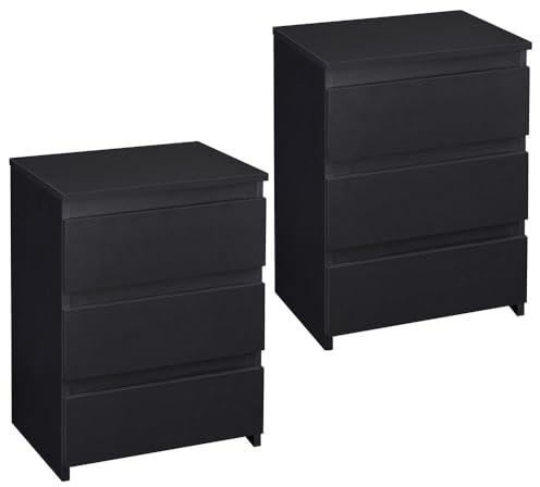 Yaheetech 2X Nachttschrank Nachttisch Nachtkommode mit 3 Schubladen Holz Nachtkonsole Beistelltisch Schubladenkommode für Boxspringbetten, Schwarz