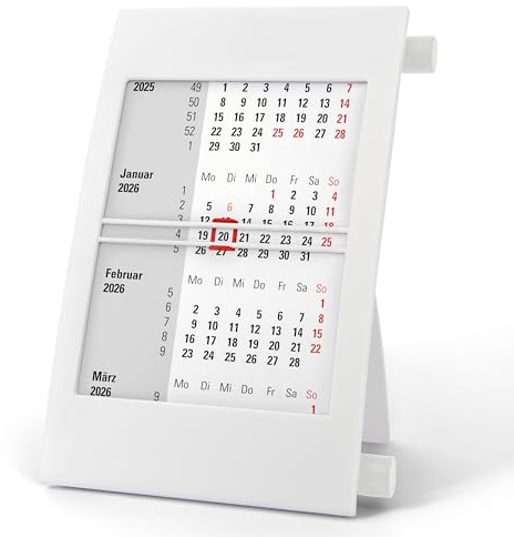 3-Monatskalender Tisch 2026 2027 - Büro & Homeoffice Tischkalender mit Drehmechanik - 2-Jahres-Kalender - weiß/weiß/rot - Truento