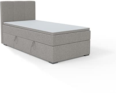 FEDVE Boxspringbett 100x200 Grau – Gandia Mini – Praktisches Bett mit Bettkasten Links – Gemütlich Kopfteil Bett mit Matratze – Einzelbett zum Schlafzimmer