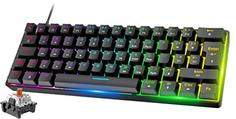 Mini 60% RGB Speltangentbord, Gaming Mekanisk Brun Brytare Keyboard med Kompakta 62 Tangenter, 18 RGB LED Chroma Bakgrundsbelyst UK Layout Avtagbar USB-C Kabel Full Key Anti-ghosting för PC Mac-Svart