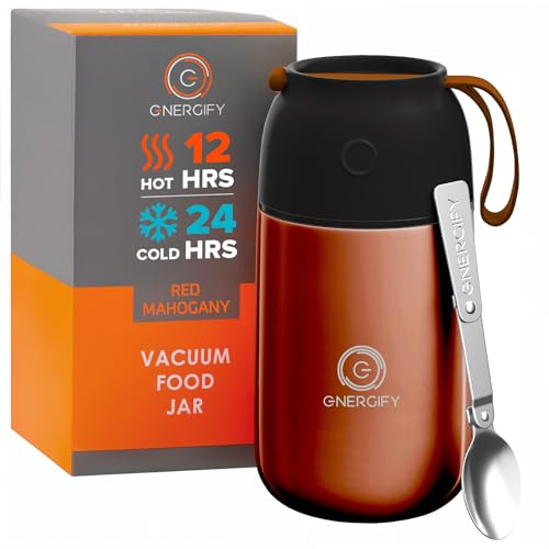 ENERGIFY Vacuum Insulated Food Jar. Large 24oz Bowl incl. Folding Spoon, Cup. Wide Mouth Keep Hot & Cold Drinks Soup Lunch Container for Adults. BPA-Free Stainless Steel, Leak Proof Red Mahogany