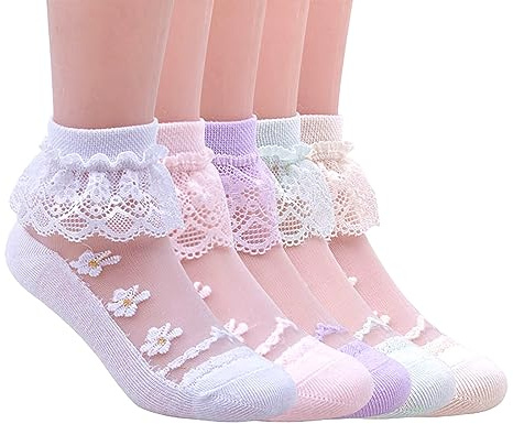 Hopply 5Pairs of Ruffle Pageant Frilly Socks for Toddler Girls Baby White Lace Ankle Dress Socks Summer Mesh Women Sock, 5pairs-a, 4-6 Years
