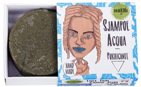ANARKHIA BIO Sjampoe Acqua – Champú orgánico sólido – Jabón limpiador para cabello rizado, liso, ondulado, limpiador – Producto natural con mantequilla, arcilla y hierbas ayurvédicas – 55 gramos
