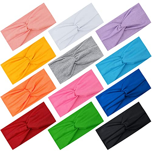 FEQO 12 Stück Stirnbänder Damen Sport Haarband Elastische Haarreifen Breite Knoten Stirnbänd Kopfband Turban Elastische Haarschmuck für Yoga Sport Fitness, 12 Farben