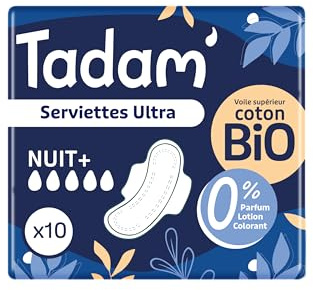 TADAM’ - Serviettes Hygiéniques Dermo-Sensitives - Protections Hygiéniques Femme Ultra Fines avec Ailettes - Flux Normal - Extra Absorbantes - A base de Coton Bio - Confort Nocturne