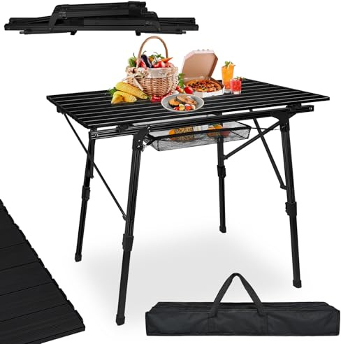 UISEBRT Campingtisch Klappbar Höhenverstellbar Klapptisch Camping Tisch faltbar leicht Camping klappbarer Falttisch mit Aluminiumrahmen, inkl. Tragetasche, bis 30 kg, 90 x 52cm (Schwarz)