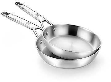 BRA Signature Set di 2 padelle da 24-28 cm, professionali, in acciaio inox 18/10 senza rivestimento antiaderente, diffusore a triplo fondo adatto a tutti i tipi di fornelli e all’induzione