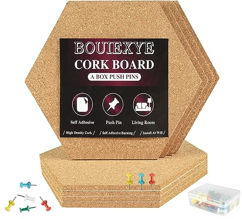 Bouiexye Pinnwand kork 8 Stück Pinnwand mit 50 Stück für Wand Schule Heimbüro Reißzwecken Sechseckiges Korkbrett Selbstklebende Korkwand