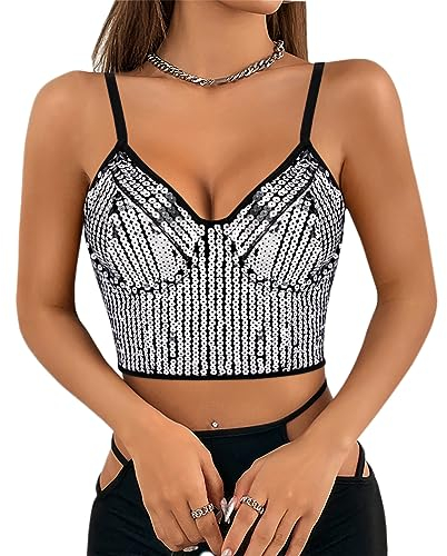 Naimo Damen Pailletten Top Bustier Korsett Push Up Crop Top Ärmellos V-Ausschnitt Trägertops Bralettes Party Cami Tank Tops
