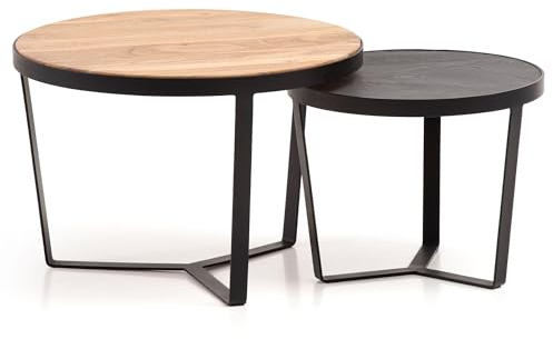 Wohnling Couchtisch 2er Set Akazie Massivholz/Steinoptik Wohnzimmertisch Rund, Satztisch mit Metallgestell, Kaffeetisch Modern, Sofatisch Verschachtelungstisch 2-teilig Braun/Anthrazit