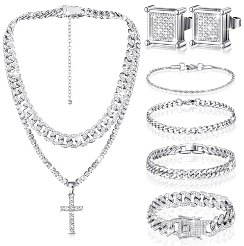 Yinkin 6 Pcs Hip Hop Jewelry Set for Men Rhinestone Link Chain Bracelet Earrings Diamond Jewelry Set for Valentines Gift(Silver)