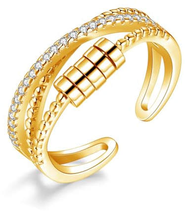 Josfeva Silber Anxiety Ringe, 925 Sterling Silber Angst Ring, Offen Einstellbar Anti Stressring Dekompressionsringe, Kreuz Angstring Fidget Ringe, Gold Verstellbar Zappelring für Anxiety Damen