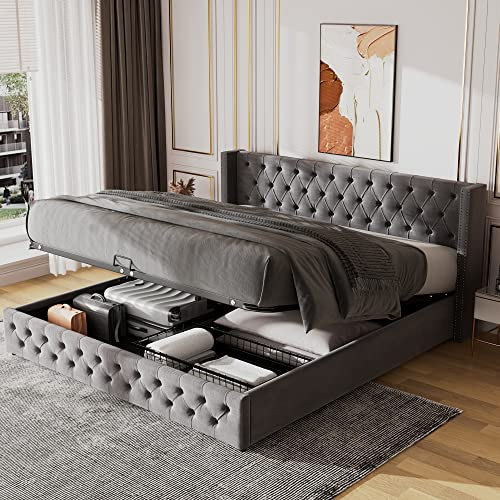 Merax Upholstered Bed Frame with Hydraulic Lift, 5FT King Size Bed Frame with Storage, Functional Ottoman Bed, Sturdy Construction, Without Mattress, Elegant Velvet Finish, Grey, 150x200cm