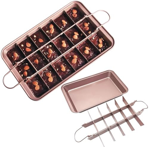 Abaigeal Non-Stick Carbon Steel Brownie Tin - 18 Slot Baking Tray with Dividers for Oven Baking, Champagne Gold, 31x20x4CM