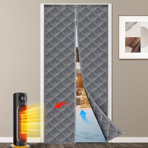 Magnetic Thermal Insulated Door Curtain, Temporary Cover, Durable Upgraded Oxford Cloth & Thicken Cotton Fill, Soundproof and Windproof (Gray, Fits Size 36 x 80)