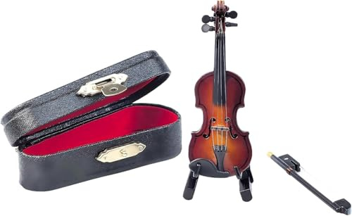 Violino in miniatura in legno con supporto, arco e astuccio, mini strumento musicale in miniatura modello casa delle bambole mini violino come decorazione per casa, ufficio, compleanno, Natale (8 x 3