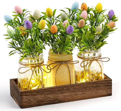 DUOER Easter Centerpiece Table Decorations for Table Runner Farmhouse Coffee Table Decor with Wood Tray and Led Light Table Centerpieces for Dining Room Kitchen Living