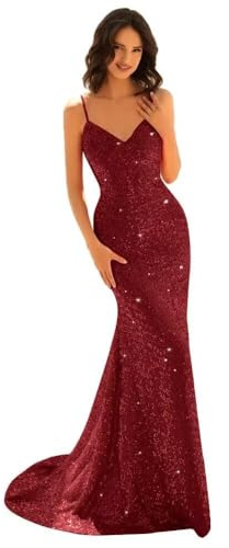 HUINI Pailletten Ballkleider V-Ausschnitt Lang Formales Abendkleid Meerjungfrau Spaghettiträger Cocktail Partykleid Burgund 32