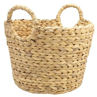 Box and beyond – Cesta redonda de Jacinto de agua – 26 x 34,5 x 30 cm – Asas integradas – Trenzado grueso – Cesta de almacenamiento