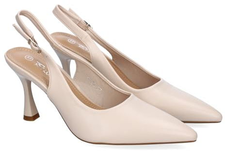 shoes&blues.es 89770 Zapato para Mujer, Estilo Salon, con Tacon, Puntera Fina, Talon Abierto y Hebilla Ajustable. Beige Talla 37