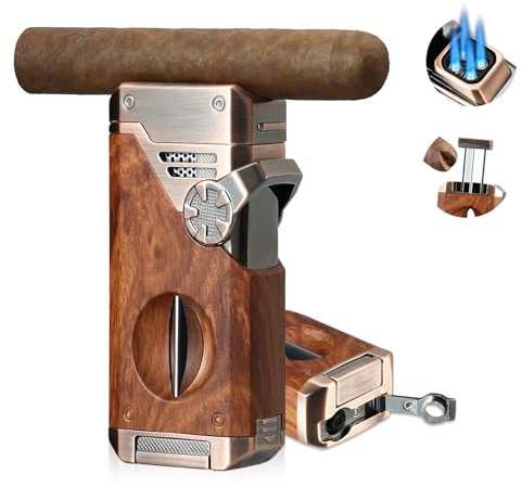 Joyoldelf Briquet torche à quatre flammes – Briquet jet butane rechargeable coupe-vent avec cutter, poinçon et fenêtre de carburant (sans butane) – Cadeau de qualité supérieure pour homme, fumage en