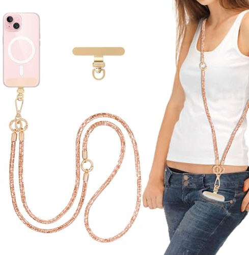 FUAHXYES Crystal Phone Strap Crossbody Rhinestone Anti Theft Layered Strap Crossbody Gold Metal Buckles Cell Phone Neck for Women (Peach)
