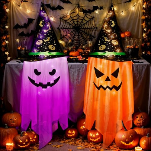 2pcs Großformat Halloween deko Outdoor Geister, LED-Lichtern Hexenhut Outdoor Dekoration Hängend Geister,Halloween Party Deko Innen Außen Haus Bäume Garten Patio (Style 1)