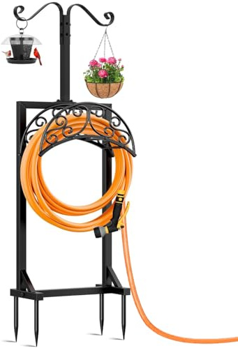 Ompinda Garden Hose Holder, Heavy-Duty Metal Lawn Water Hose Stand Hanger Rack with 2 Shepherds Hooks for Outside Yard