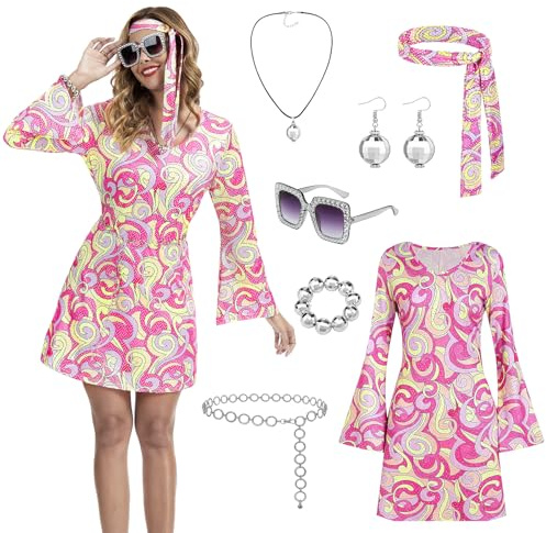 PORJDN 60-tal 70-tal hippie kostym för kvinnor – 7-delad disco festoutfit med utsvängd klänning, fredstecken halsband, örhängen, pannband, solglasögon, armband och midjekedja (rosa, M)