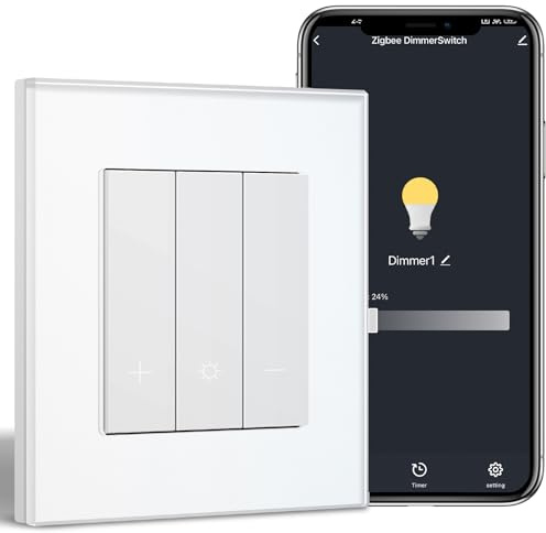 BSEEDLIFE Zigbee Dimmer Schalter, Smart Dimmschalter mit Glasrahmen, Kompatibel mit Alexa & Google Home, Unterputz Lichtschalter Dimmbar für led lampen 240V, Weiß (Neutralleiter Erforderlich)