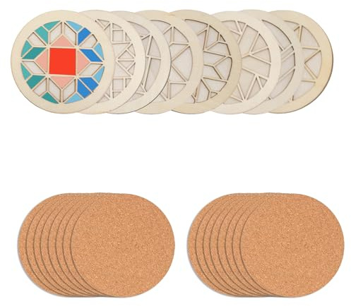 16 Stück Leere Untersetzer Holz und 16 Stück Korkuntersetzer Rund,10 cm DIY Füllen Farbe Untersetzer für Basteln Getränke Kaffee Trinkbecher Wohnzimmer Deko Wiederverwendbar