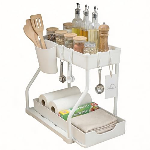 Ribech Scaffale Sotto Lavello 2 Piani, Organizzatore Multiuso per Cucina Bagno e Antibagno con Cassetto Estraibile, 37.5x20.5x33.5 cm, Bianco