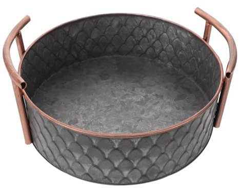 Alipis Plateau de service en métal style industriel avec poignée, plateau de rangement rustique galvanisé, panier décoratif rond pour table basse ou centre de table, idéal pour les fêtes de