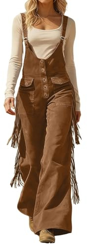 Generisch Salopette da donna in pelle scamosciata, da cowgirl, costume hippie vintage, salopette con nappe, eleganti salopette da lavoro con spalline regolabili