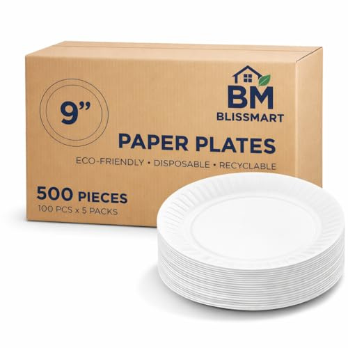 BLISSMART 500 Paper Plates 9 Inch 23cm White Heavy Duty Disposable Paper Plates Strong Party Plates for BBQ Picnic Buffet Events Catering and Everyday Use Pack of 500