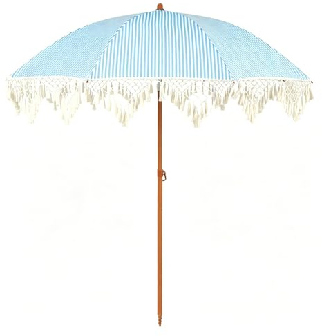 Protection Solaire Extérieure 2M Rayé Bleu Et Blanc Bohème Parasol De Plage À Franges – Imperméable Anti-UV Parasol De Patio Pour Piscine, Balcon, Plage Et Loisirs Extérieurs