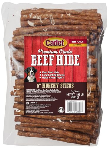 Cadet Premium Grade Beef Hide for Dogs, Long-Lasting Munchy Chew Sticks, Single-Ingredient Rawhide Dog Chews, 5-Inch, 100 Count